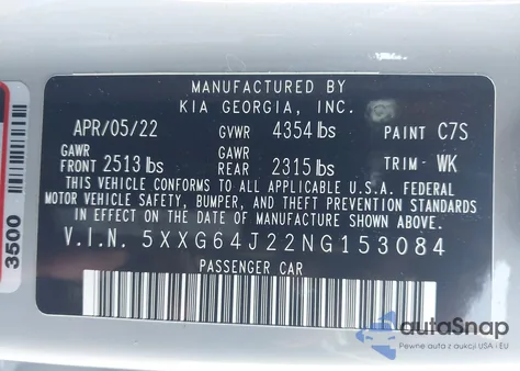 2022 Kia K5 Gt-Line z USA, uszkodzony, nr VIN 5XXG64J22NG153084